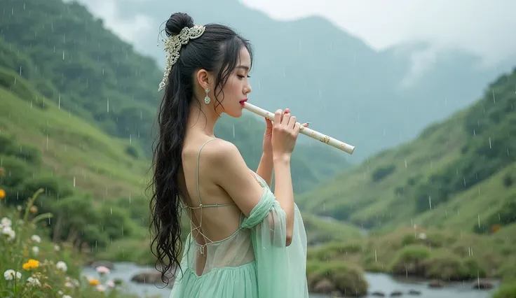 A breathtaking 18-year-old young woman with a graceful yet confident presence, dressed in a revealing yet elegant light green dress with a see-through bikini-inspired design, influenced by traditional Chinese fashion. The wet fabric clings to her curvaceou...