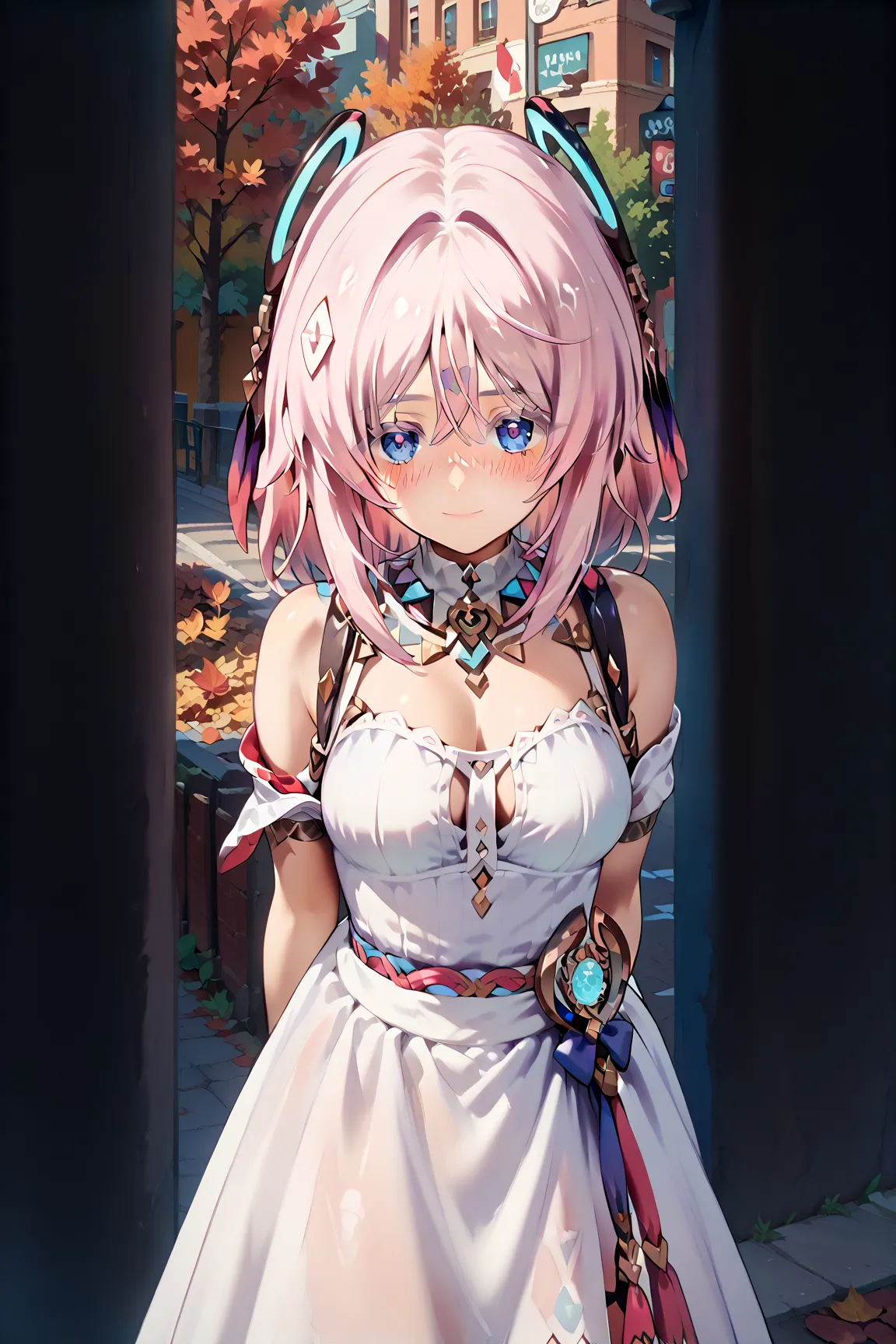 woman、 beautiful and well-groomed breasts 、pale pink hair、rich contrast、 Extremely High Quality 、8k、Very Delicate CG Unit、Wallpaper Ultra Wide Angle、1woman,small eyes,bangs between eyes,medium breasts,
White dress,off shoulder dress,city,street,trees,maple...