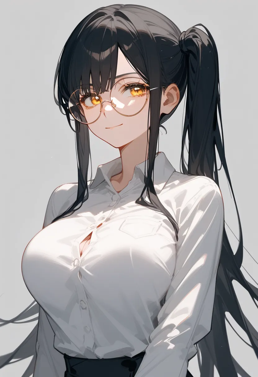  alone,girl, black hair, horse hair , long hair,ปลาย black hair, golden eyes,ปลาย black hair,cute, complete,Fierce face,black background,big breasts,Emotionless, good mood ,, put on round glasses,Focus on the chest,Top image , large breasts,, shy ,AMBER SM...