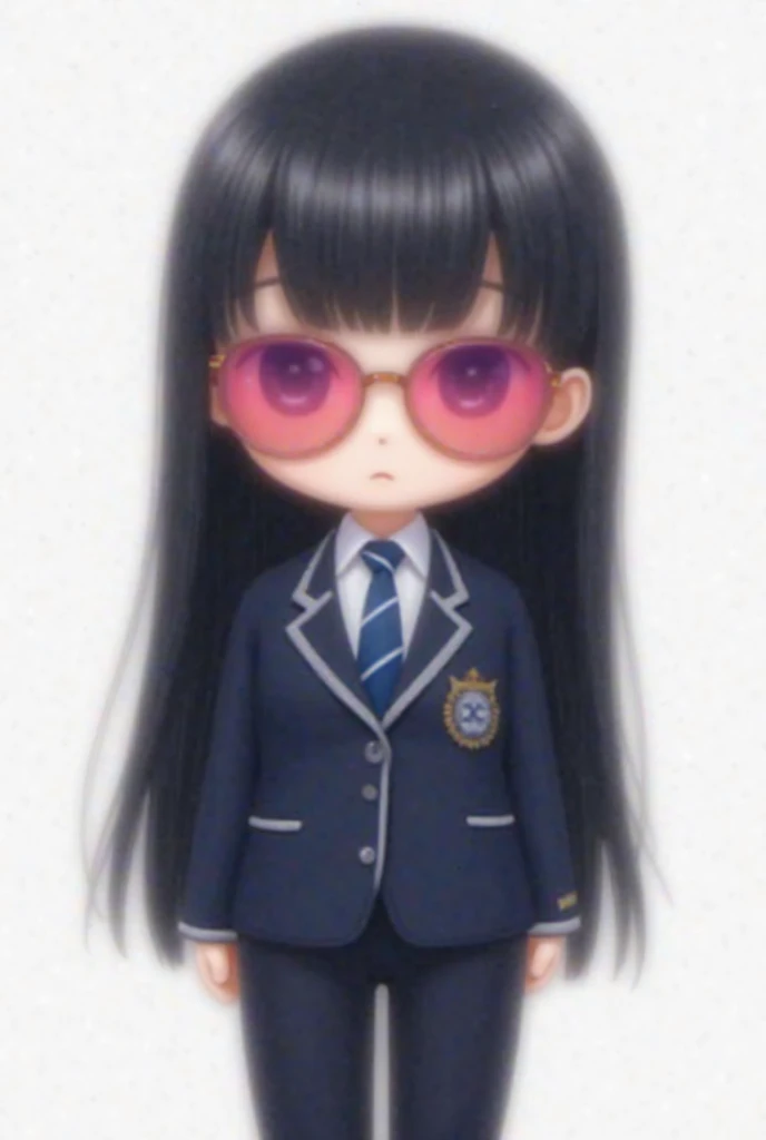 A chibi woman wearing an elegant formal outfit consisting of a fitted navy blue jacket with white details on the edges and a badge on the left side of the chest. Under the , he wears a white shirt with a collar and a striped tie in shades of blue and white...