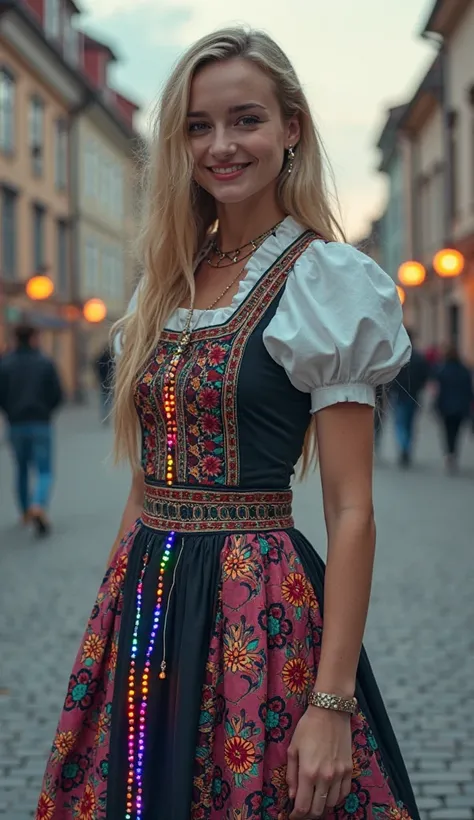 Smiling young Polish Silesian woman in a futuristic hybrid version of classical Silesian dress with dim neons in the dress, full-body view from head to feet. The background is an old cityscape of Ruda Śląska.