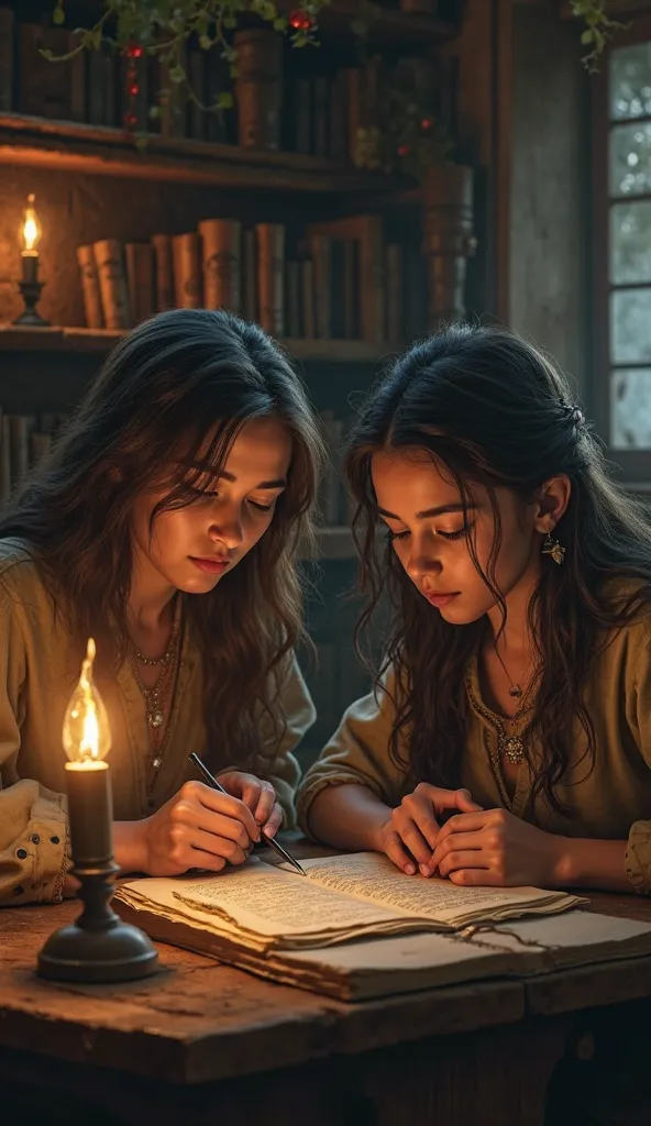 create a scene of Priscila and Áquila attentively teaching Apolo in a dimly lit room, with scrolls and oil lamps illuminating their faces; aspect ration 16:9, cinematic suspense