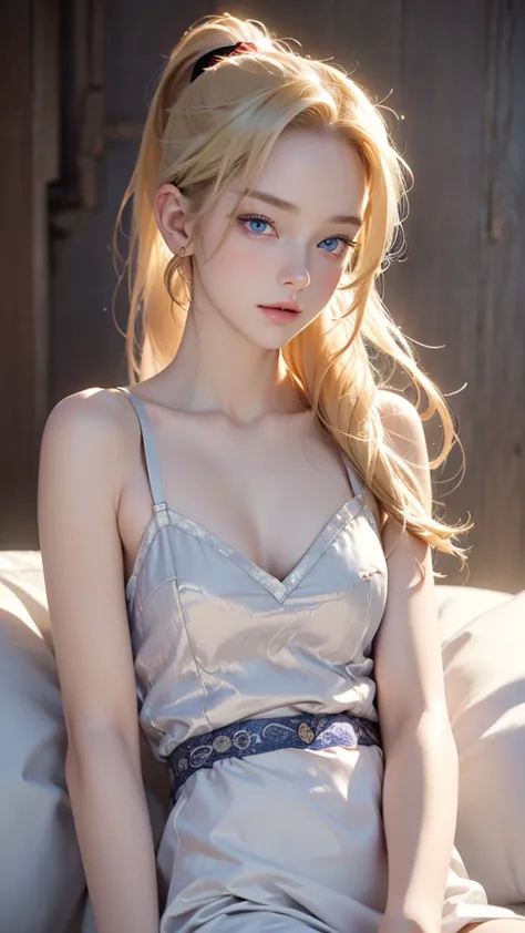 (best quality: 1.4), high resolution, masterpiece, 4k, ultra detailed, masterpiece, very beautiful girl, sexy blonde, long hair, ponytail, blue eyes, expressive eyes, detailed skin, realistic skin texture, texture , detailed eyes, beautiful woman, lilac br...