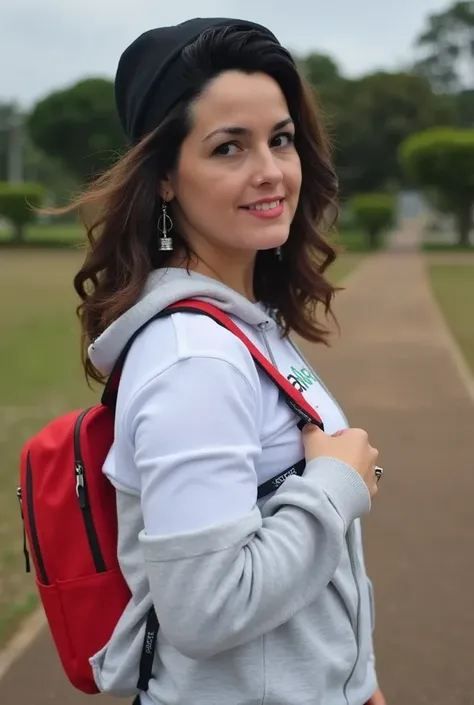 beautiful woman Danhd wearing casual clothes with a white t-shirt where it reads "ArtesaNature", red backpack on the back and open hooded sweatshirt, Cold autumn morning. Curitiba, Brazil.