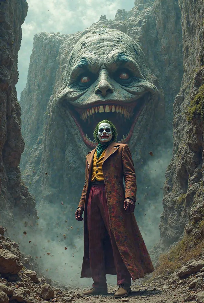 The Joker with a smiling cliff in the background 