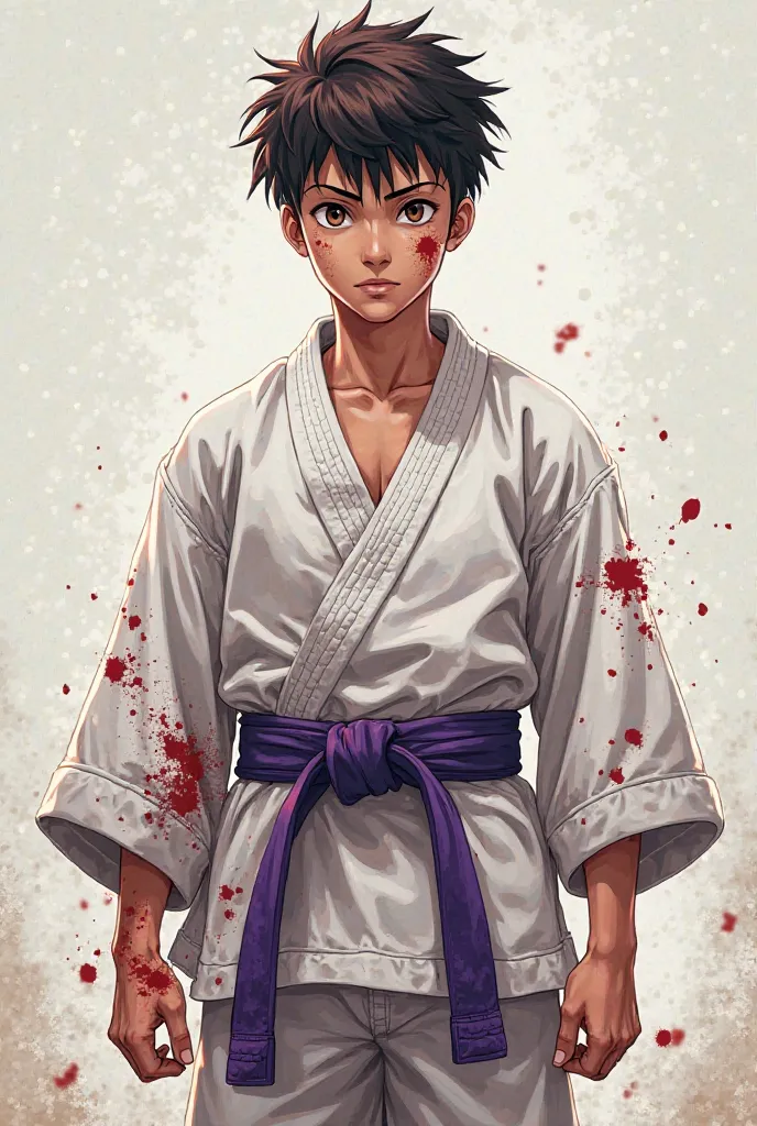 18 years old boy with judoka dress and judo purple belt and blood on his face and dress in anime