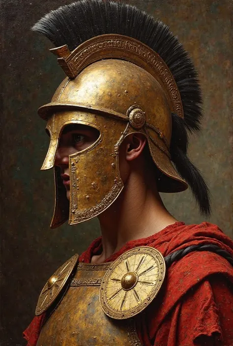 Oil painting of an ancient copper sober Korinthian helmet. Sober ancient greece golden and red linothorax 