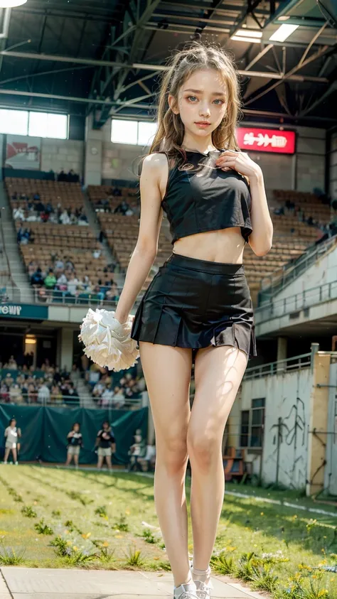 A beautiful young Japanese woman, 20 years old, with perfect anatomy, healthy thighs, beautiful feet, flawless skin, random hair color and style, large bust, (she is standing:1.2), wearing a cheerleader uniform with micro-pleated miniskirt, in a full body ...