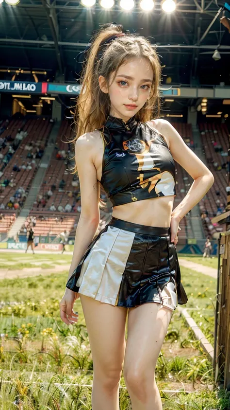 A beautiful young Japanese woman, 20 years old, with perfect anatomy, healthy thighs, beautiful feet, flawless skin, random hair color and style, large bust, (she is standing:1.2), wearing a cheerleader uniform with micro-pleated miniskirt, in a full body ...