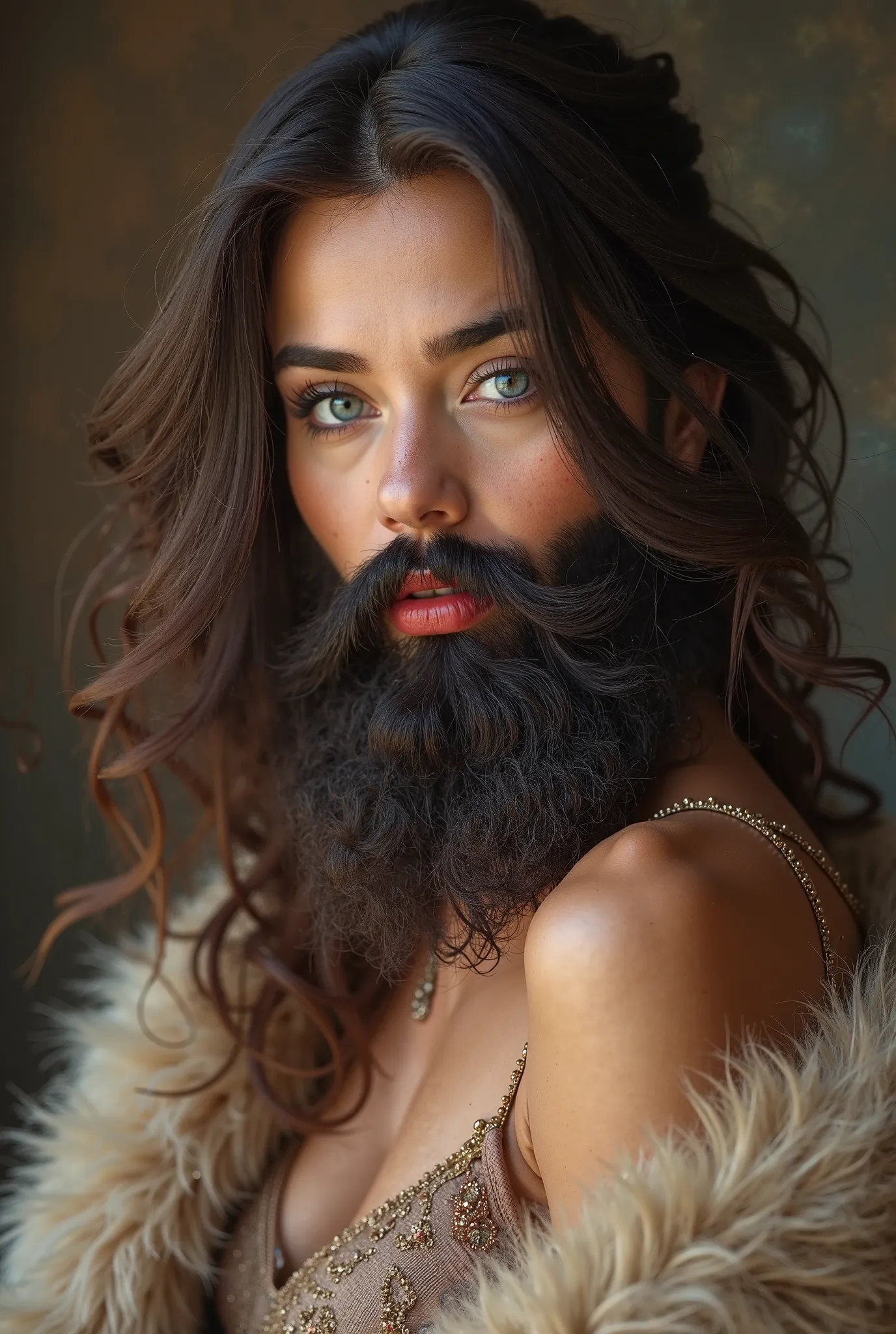 Movie portrait poster of intricate detailed portrait of a brunette woman with a lush full beard, clean soft beard, hyperrealistic, intricate detailed facial features, beautiful eyes, beautiful make-up done with foundation and red lips, long eyelashes, soft...