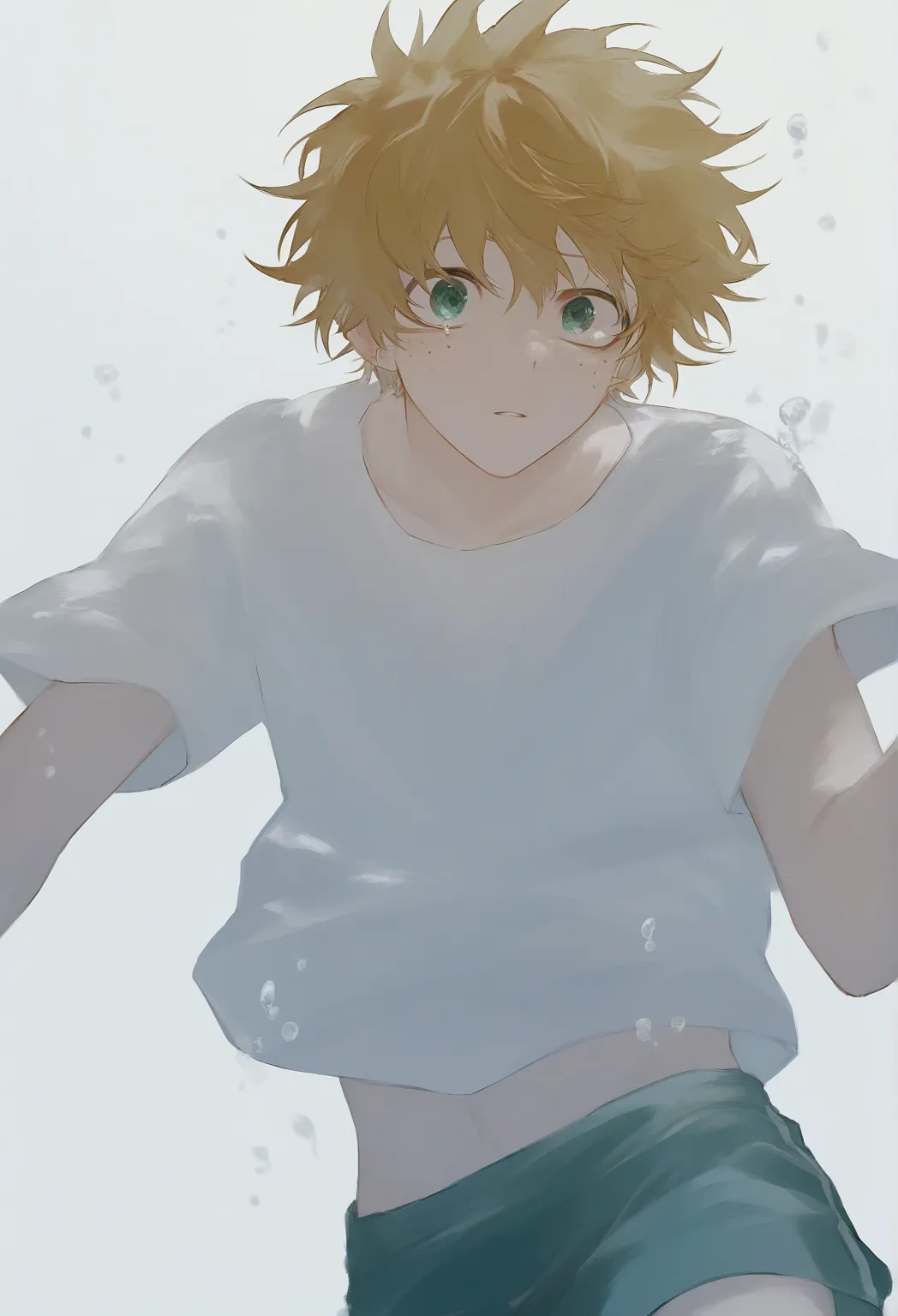 midoriya izuku com blond hair,  short hair, male focus,  blond hair , messy hair, white shirt without details,  shorts preto, perfect anatomy,  white background, Alone, upper body, diving into the water, underwater 