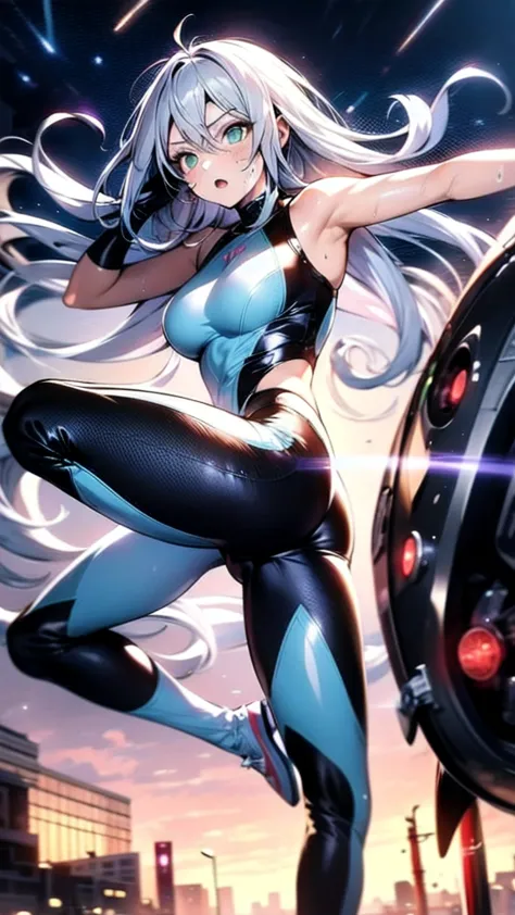 A beautiful girl with silver cat ears, green eyes, silver hair, long hair, black and white battle suit that fits her body perfectly, the background is the night city, the age is 14, dark night, sweat, steam from exhalation, dynamic angles, dynamic action p...