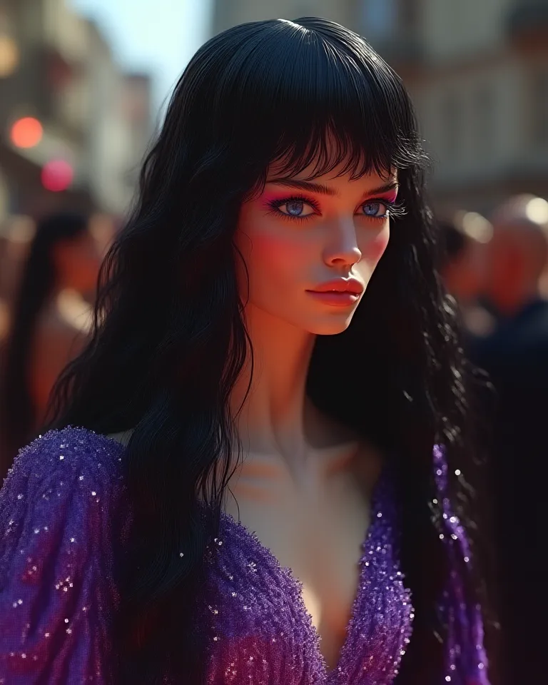 Photo realista 4k,  beautiful WOMAN of European features , long LACEO very smooth dark jet black hair, white porcelain skin, sapphire blue eyes,  reddish lips eyebrows, blushed cheeks, She wears a tight and long purple party dress with sparkles y,  reddish...