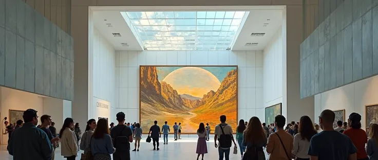 Museum of Tomorrow Gallery,  in Rio de Janeiro . works of art. people looking at a painting "lua"