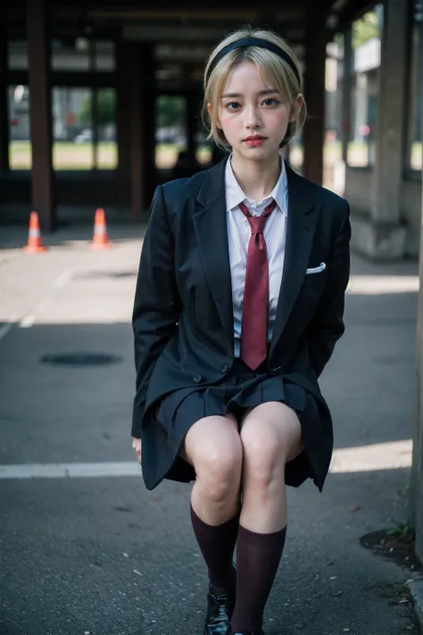 1 girl, full body photography, athletic, blonde hair, school uniform, gray cut suit jacket, Satoko, mid-short hair, wide hips, Volumetric lighting, best quality, masterpiece, intricate details, tone mapping, Sharp focus, hyper detailed, trending on artstat...