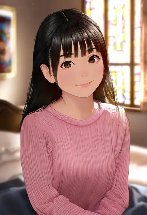 masterpiece, High resolution,  ultra-detailed, PHOTOREALISTIC, soft and natural lighting, rich depth of field - one with smooth black hair and long,  perfectly divided in half , with large and expressive brown eyes and an enchanting smile, wearing a delica...