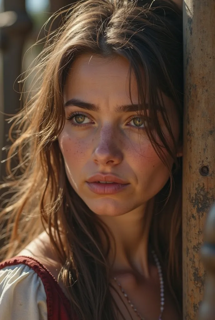 hyperrealistic close-up photo by Willa Fitzgerald,  Create dystopian masterpieces ,  scene from the Game of Thrones movie ,  on a medieval market square,   beautiful woman,  thin chubby , straight brown hair, detailed face, ((Angst)), photo taken from afar...