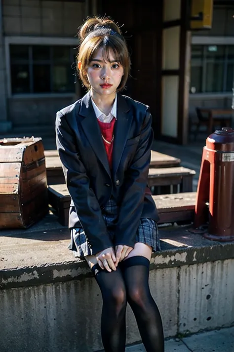 1 girl, full body photography, athletic, blonde hair, school uniform, gray cut suit jacket, Satoko, mid-short hair, wide hips, Volumetric lighting, best quality, masterpiece, intricate details, tone mapping, Sharp focus, hyper detailed, trending on artstat...