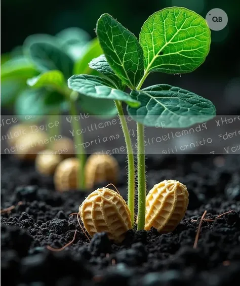 Real peanut fruits sprout from the soil，Surrounded by green leaves and young roots,