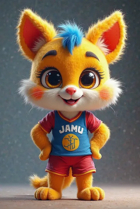 Create a sports mascot with a sports uniform written JAMU and the mascot must have fluff in the colors blue,  yellow and red. Being a cute little animal, with an ear that gives off a very good energy and high spirits colored fluff in the colors mentioned a...