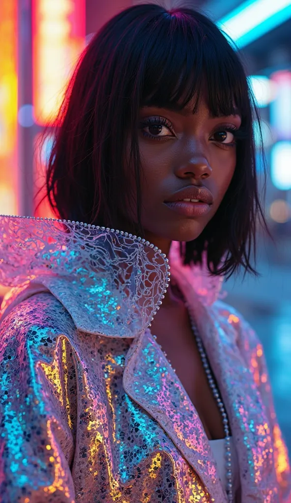 “Fashion photoshoot of black model, black hair, with holographic raincoat in neon colors.”