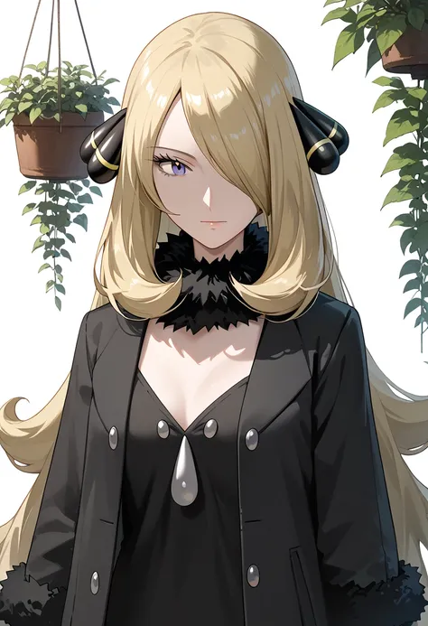  score_9,  score_8_up,  score_7_up,  anime、
 1girl ,  Cynthia \( Pokémon\), blond hair,  hair over one eye , very long hair,  gray eyes,  eyelashes, hair ornaments close to the garden,
black coat, black shirt,   Fur Trim Coat  , fur collar,  Long Sleeve,co...