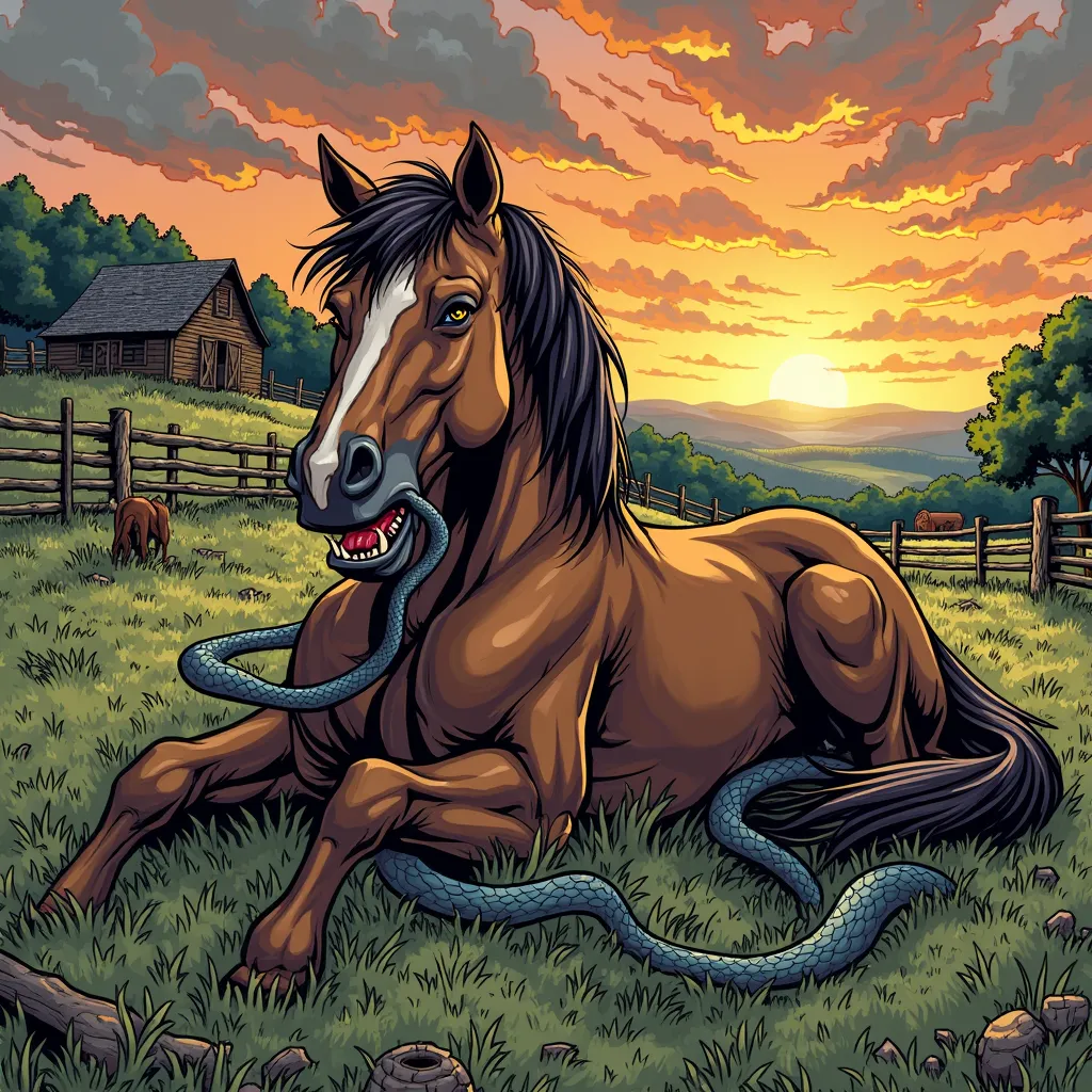  a brown horse lying down with an expression of pain, And a serpent wrapped around you biting your leg. On a farm at dusk. In comic book style.