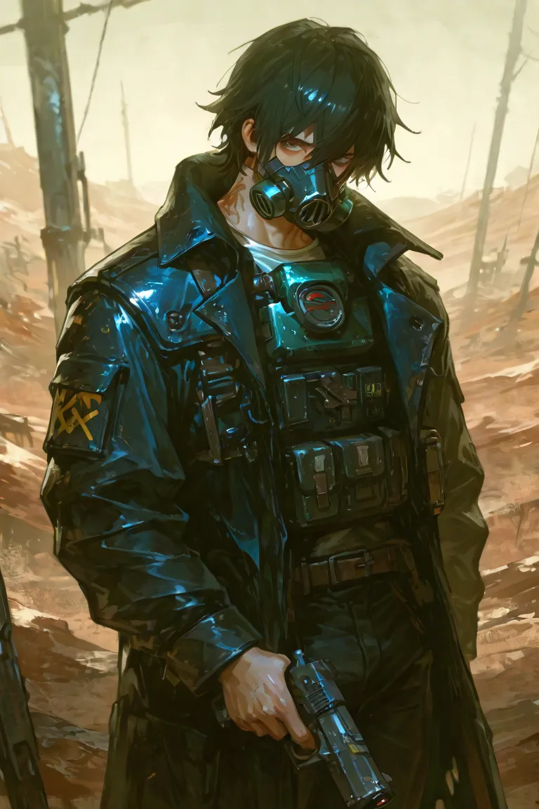 masterpiece, newest, absurdres, safe Solo, high detailed, male, handsome masculine male, Sexy male. Masculine male. Handsome Male, sexy male, Seductive, black hair, long messy hair, post apocalyptic survivor, post apocalyptic, S.T.A.L.K.E.R Stalker, respir...