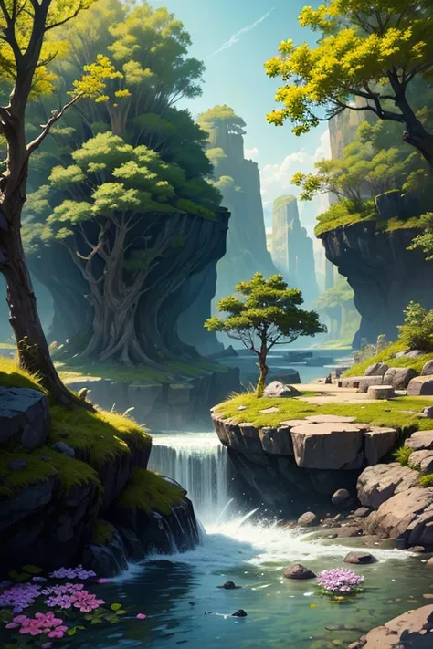 masterpiece, bottomless abyss, colorful flowers and giant trees. Beautiful sky and rocks in the distance. Adventure landscape. highest quality, detailed.