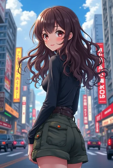 Anime girl with long curly brown hair, In the background of Tokyo street , wearing a cargo skirt and blouse I hope it fits black , looking back,  anime