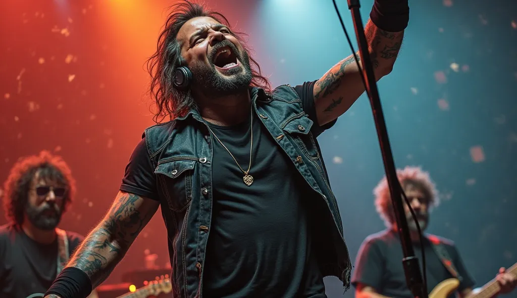 Rock singer with a headset and mic in his hand with his mouth open singing in the background other musicians beards because he looks very similar to a well-known rocker