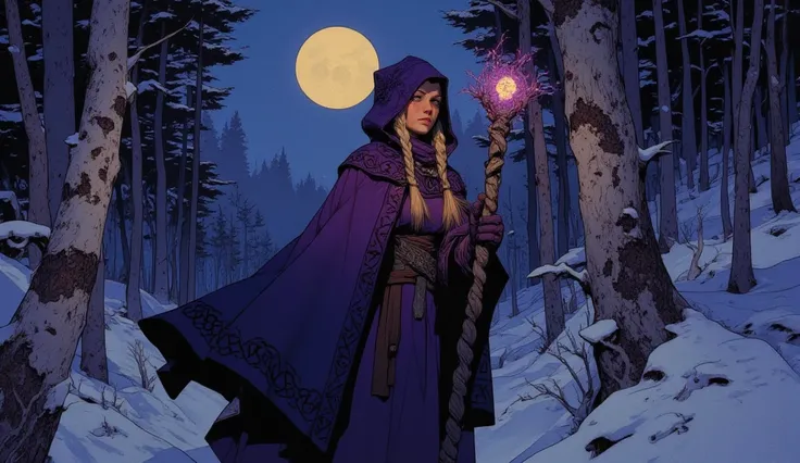 Mysterious witch Holda, a sorceress from Nordic tales, wandering through a dark Nordic winter forest at night. She wears a deep purple hooded cloak made of heavy velvet, adorned with intricate black details and ancient Nordic runes inscribed along the edge...