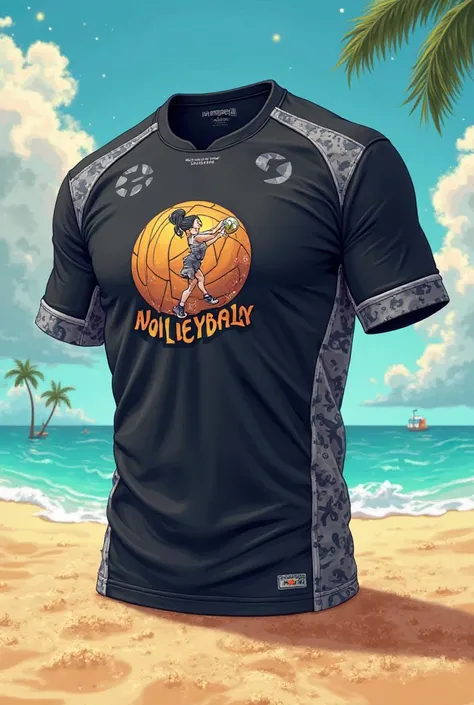 Black volleyball uniform with gray details with the logo of a chubby guy playing beach volleyball