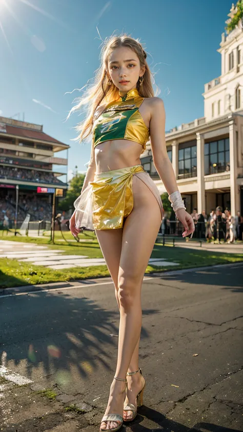 A beautiful Japanese woman, 20 years old, perfect anatomy, healthy thighs, beautiful legs, beautiful skin, random hair color, random hairstyle, large breasts, race queen, (race queen costume:1.3), zent, (she is standing:1.2), full body shot, high heels, ra...