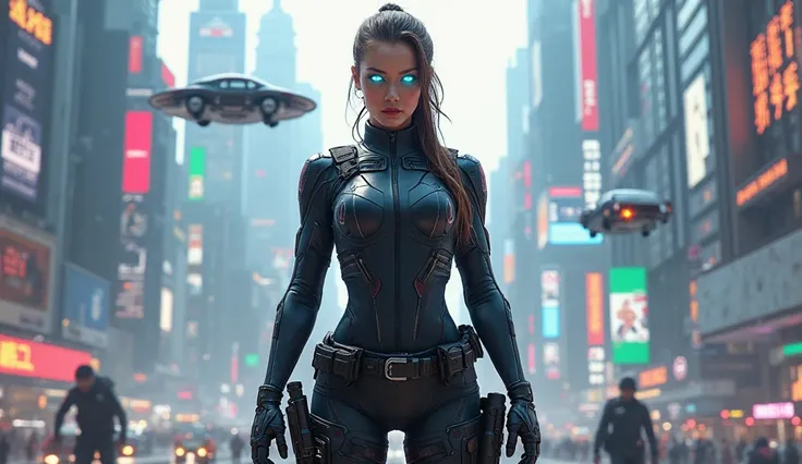 a futuristic police woman, hi-tech