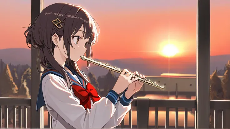 ( masterpiece, Highest quality:1.2),  extremely detailed,  soft ambient lighting , sharp concentration, 4K,1 girl, Gold,Hairstyle： semi-long,Age 15,Winter uniform（sailor suit）,flute, fluteを吹いている女の子,place:garden, Time Zone:evening, background:bright red sun...