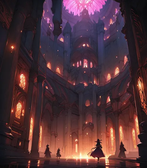 Anime, high detailed, extreme, masterpiece, 4K, a large detailed old dark castle's interior (a large room in dimly lit), very well detailed ornaments, several young witches wandering inside the room)