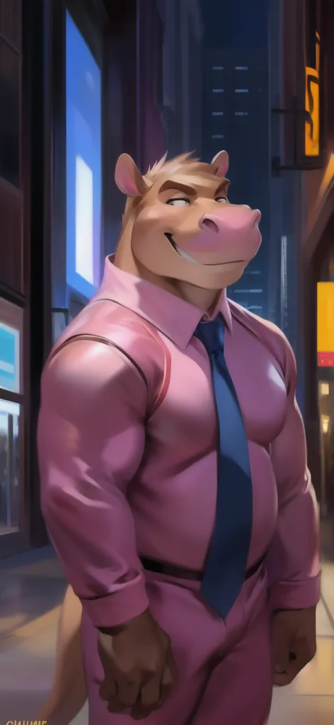  alone , Male tall  ,​Big torso  , stance , street pink,hippo kangaroo ,  pink Military Spacesuit , Overweight  ,  tie the muscles, smirking psychosis​, by chunie 