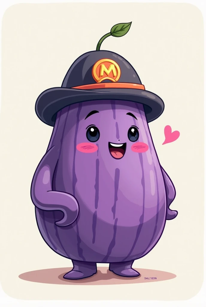 purple cartoon melon in a hat with the monad logo. The background is neutral
