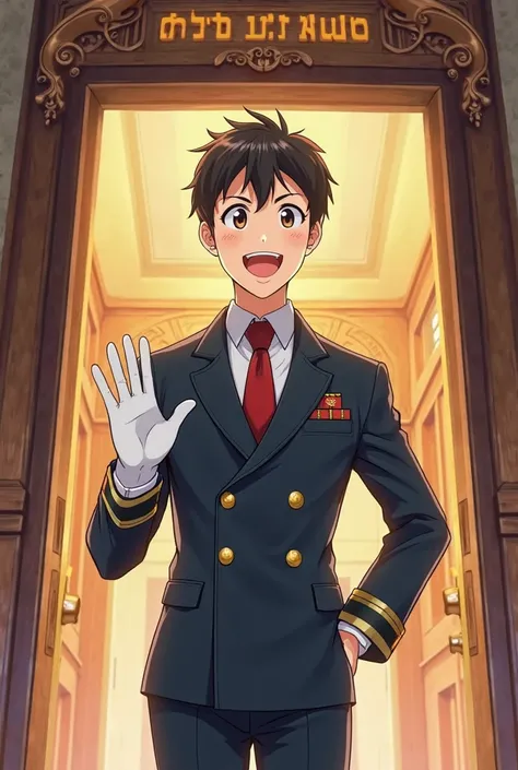 An anime-style doorman smiling 