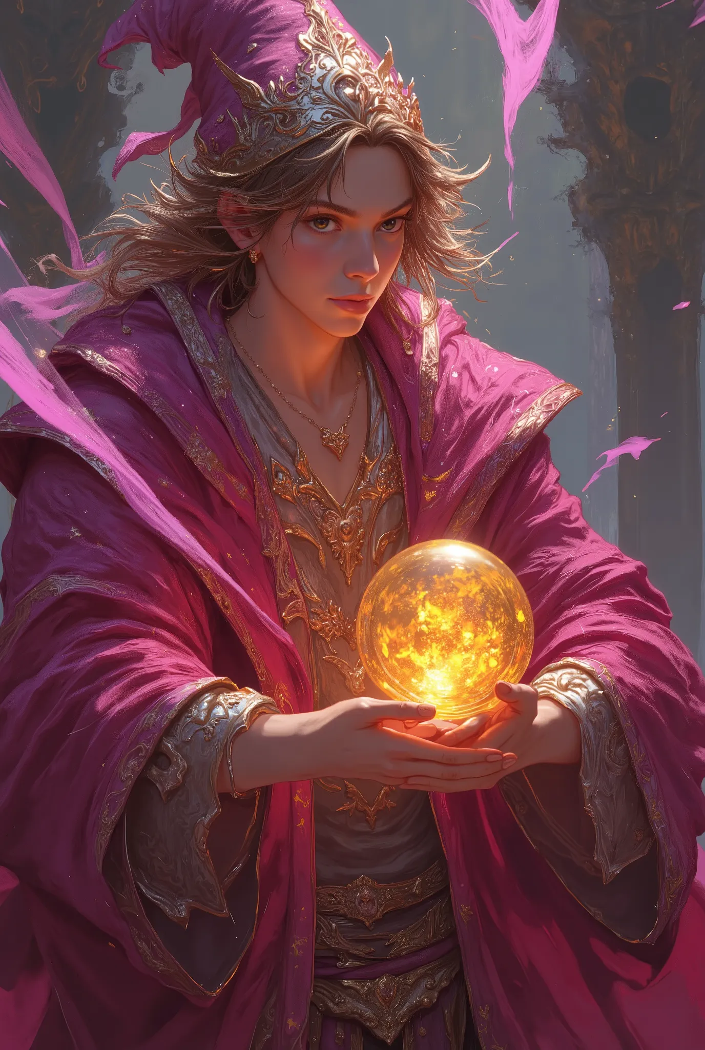 one handsome young men wizards, wear rich pink wizard outfit , hold golden glemering crystal ball, duel with another one handsome young men wizard, wearing jet black wizards outfit, swing glemering old roses pink saber swords. bettle fields.