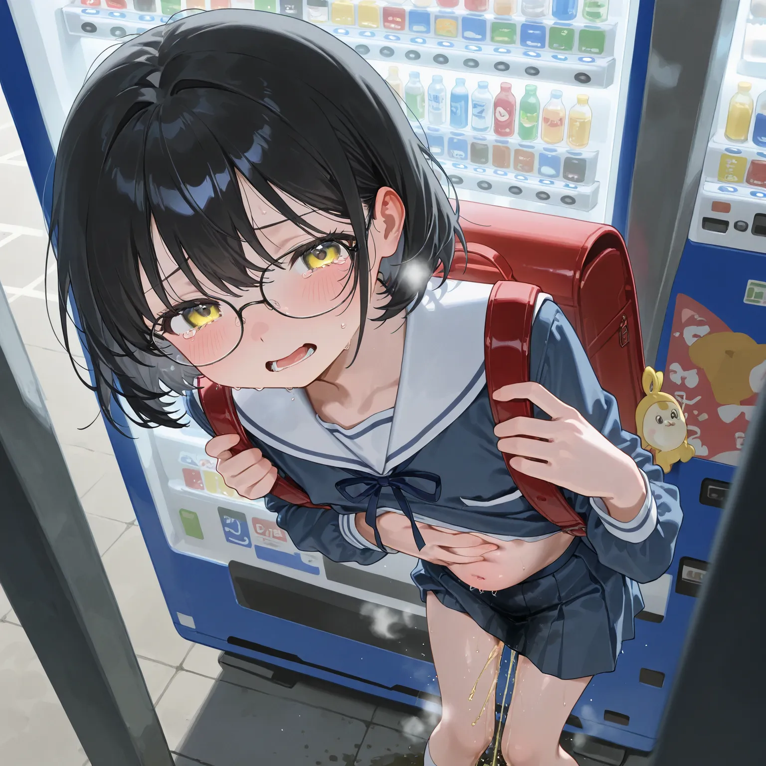 cute girl，  elementary school toddler flat chest、、 school uniform、Black Hair Short Hair、Glasses、 teary eyes in the store 、Next to the vending machine  、Bright outdoors、carry a red backpack、Hold your stomach by leaning forward、Pee while standing、pee steam 、...