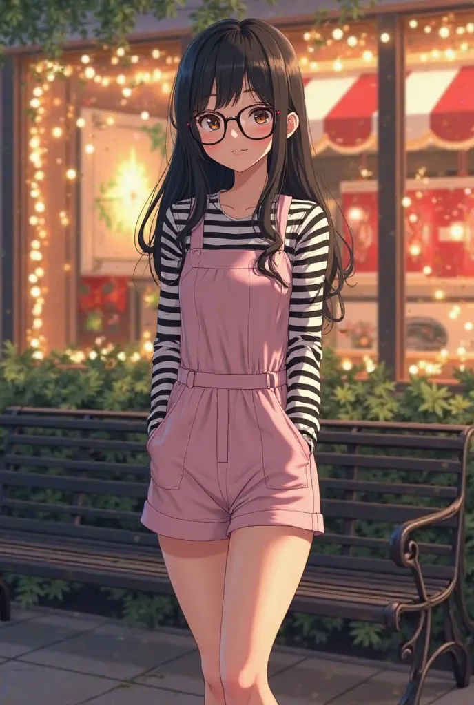  A young adult anime woman wearing glasses and a pink jumpsuit poses cheerfully next to a Christmas decoration.

** detailed description :**

The image shows a young anime woman with long black hair that covers most of her shoulders. She wears glasses with...