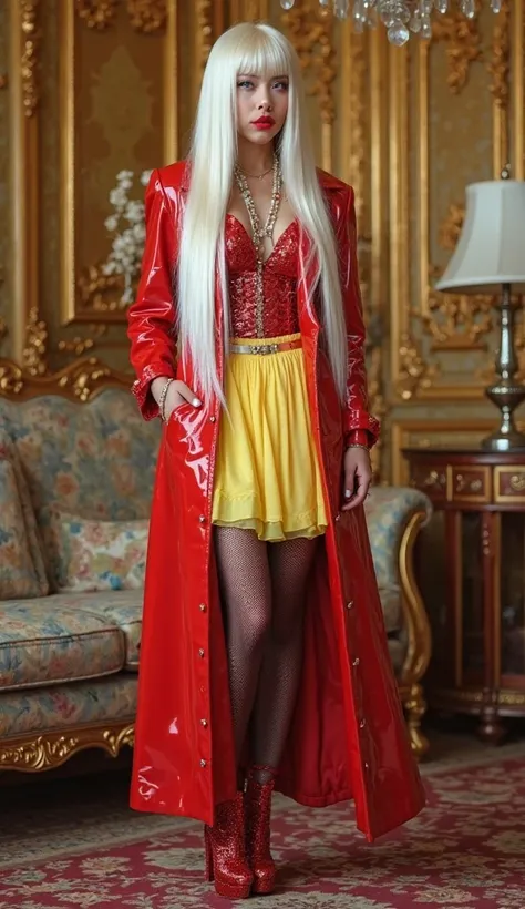 A girl with very long straight white hair and a seventies hairstyle, shiny scarlet lips, light blue eyes, I want her wearing a glamorous and extravagant outfit inspired by the seventies and the glam rock aesthetic of scarlet shiny vinyl fabric trench coat ...