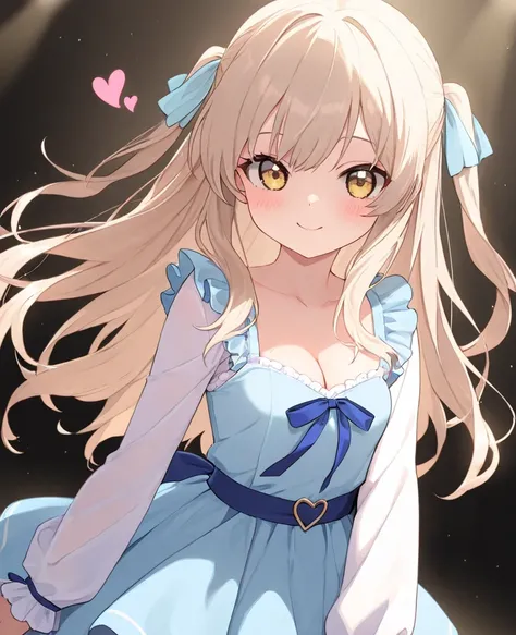 masterpiece, best quality, 1 girl, Alone,  girl、Petite、 small tits、 black, light blue ribbon、  long hair,  Half Twin、yellow eyes、  cute dress,  cleavage enhancement 、 Long Sleeve,  frill , smile,,  idol、 lots of hearts、toy poodle
