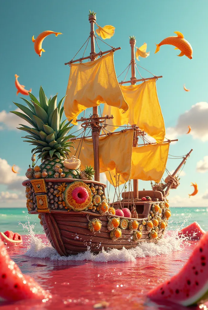 "A fantasy-themed pirate ship crafted from carved pineapples and coconuts, sailing on a sea of fresh watermelon juice with banana dolphins jumping beside it