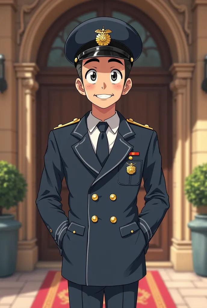 a smiling anime-style British doorman 