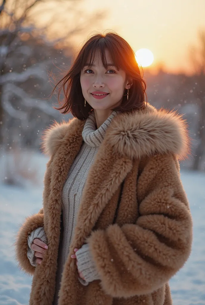  ((beautiful mature)), ((The body of a plump mature woman)), ((The body of a glamorous mature woman)), (( beautiful big boobs)), (((amazingly beautiful woman))), In the heavy snow, Powder Snow, Mountain area, ８k, A long fox fur coat worn by a beautiful 40-...