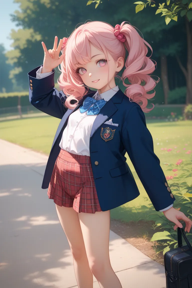 Standing on the grass in the park in the evening、pink wavy hair with pink eyes、navy blue blazer and white shirt and red checked miniskirt。Put your hands on your hips and look proud。Small breasts,  size, petite body。Highest quality、realistic texture、 realis...