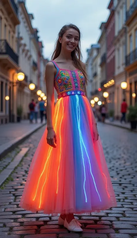 Smiling young Polish Silesian woman in a very futuristic and classical silesian hybrid version of the dress with dim neons in the dress, the dress is alsow colorful, full-body view from head to feet. The background is an old cityscape of Ruda Śląska.